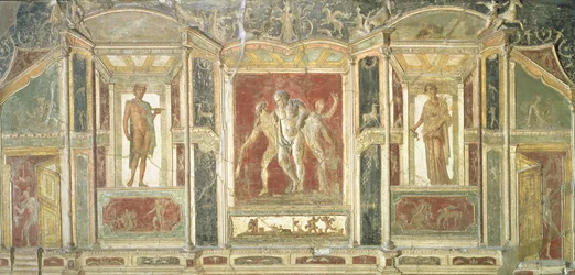 Relieftafeln mit Dionysos und anderen Figuren in Trompe-l